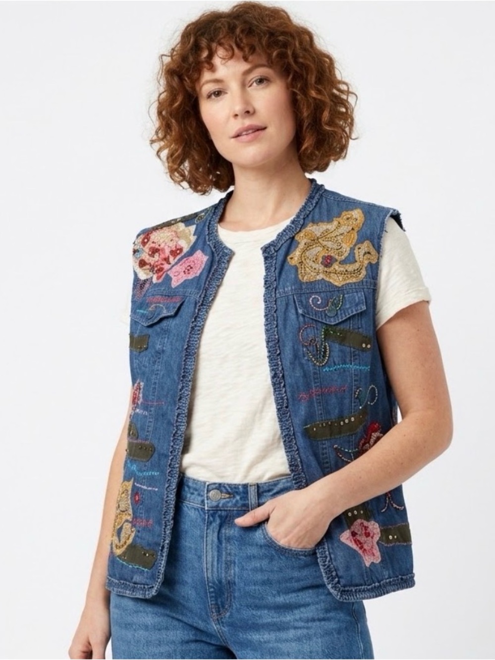 Reworked Floral Embroidered Denim Vest Raw Edge Boho Beaded Chico’s Sz 2 / 12